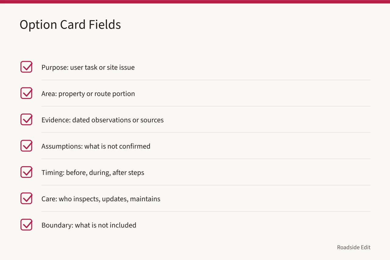 Checklist of seven fields for comparing roadside design options (How modern roadside design cost planning works before you commit to a number)
