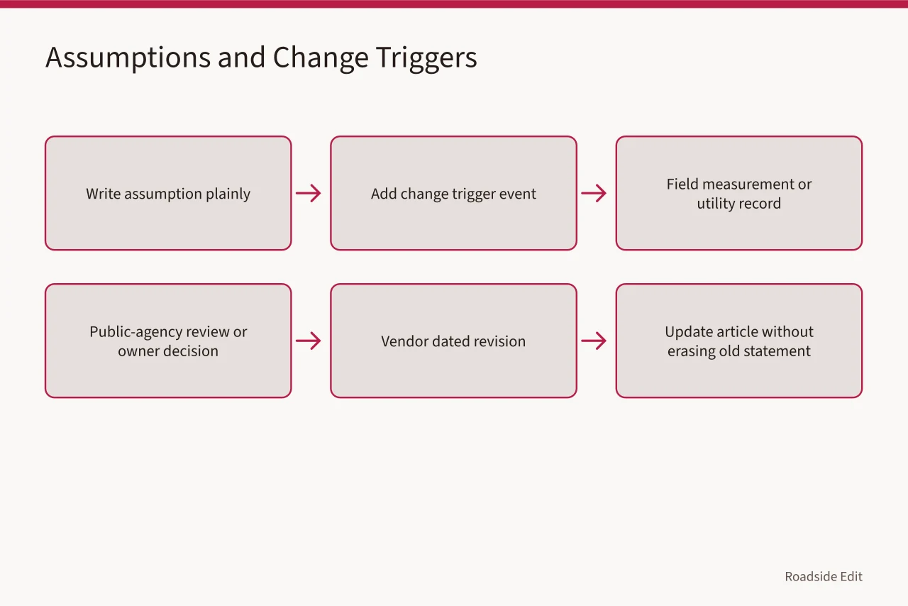 Flow diagram linking written assumptions to change triggers and updates (How modern roadside design cost planning works before you commit to a number)