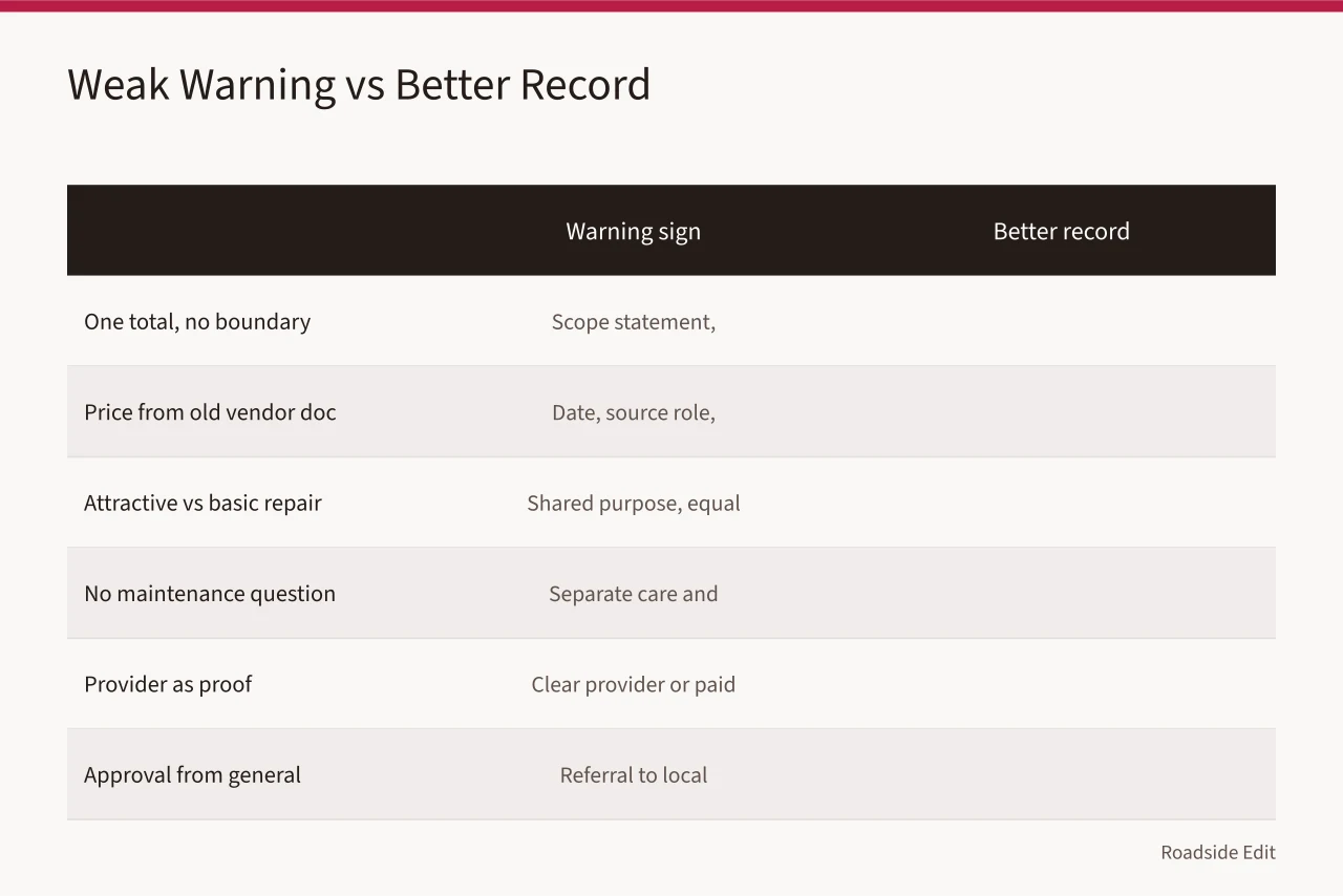 Table comparing weak roadside cost warning signs with better supporting records (Before you trust a 2027 roadside cost plan, check these 5 warning signs)