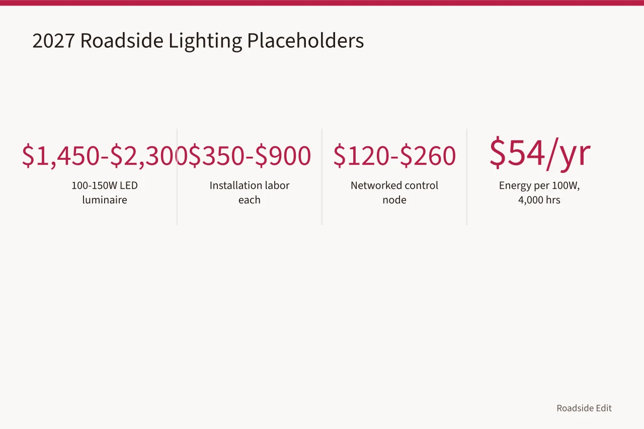 Table of 2027 roadside lighting planning cost ranges (Budget notes and methods for keeping 2027 roadside lighting costs honest)