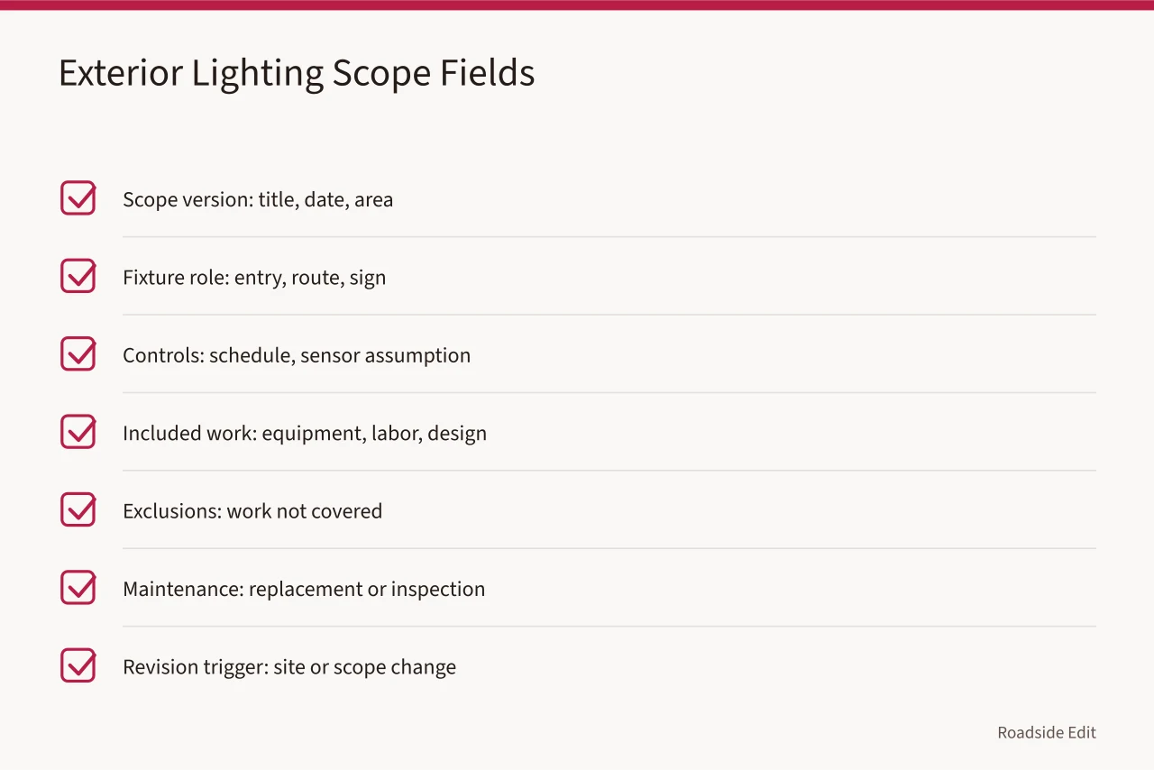 Checklist of exterior-lighting scope fields for budgets (Budget notes and methods for keeping 2027 roadside lighting costs honest)