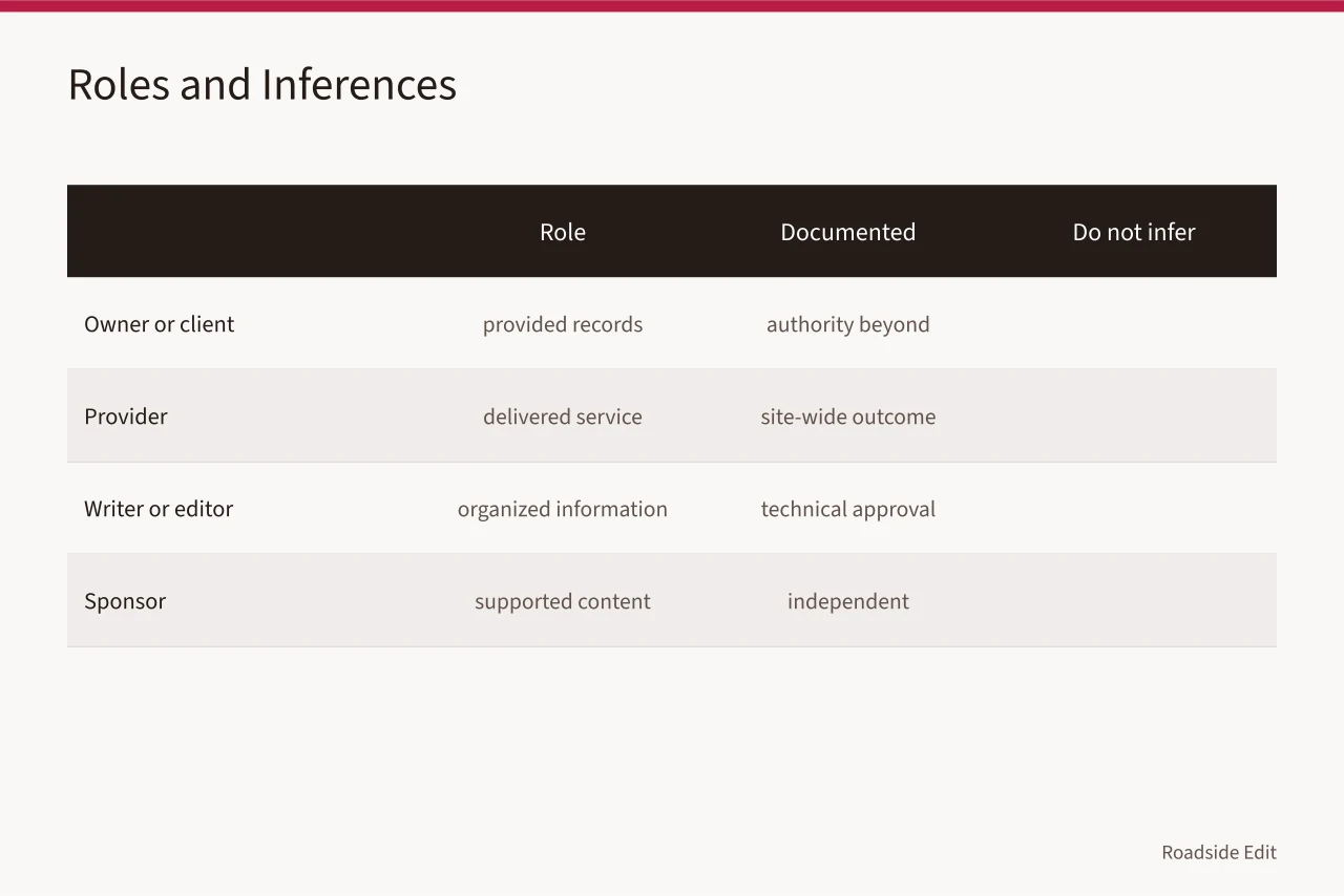Role table showing documented contributions and what not to infer (How to run a modern roadside design case study method for 2027 records)