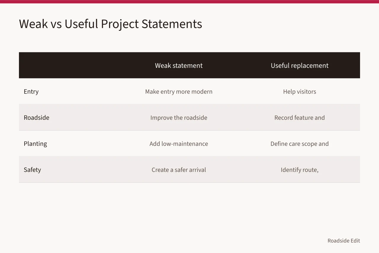 Comparison table of weak project statements and useful replacements (Modern roadside design mistake prevention: 6 errors to avoid in 2027)