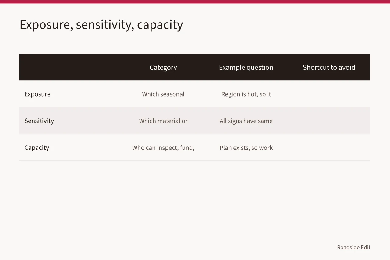 Comparison table separating exposure, sensitivity, and capacity with example questions (Modern roadside design regional adaptation: a 2027 factor comparison for owners by U.S. region)