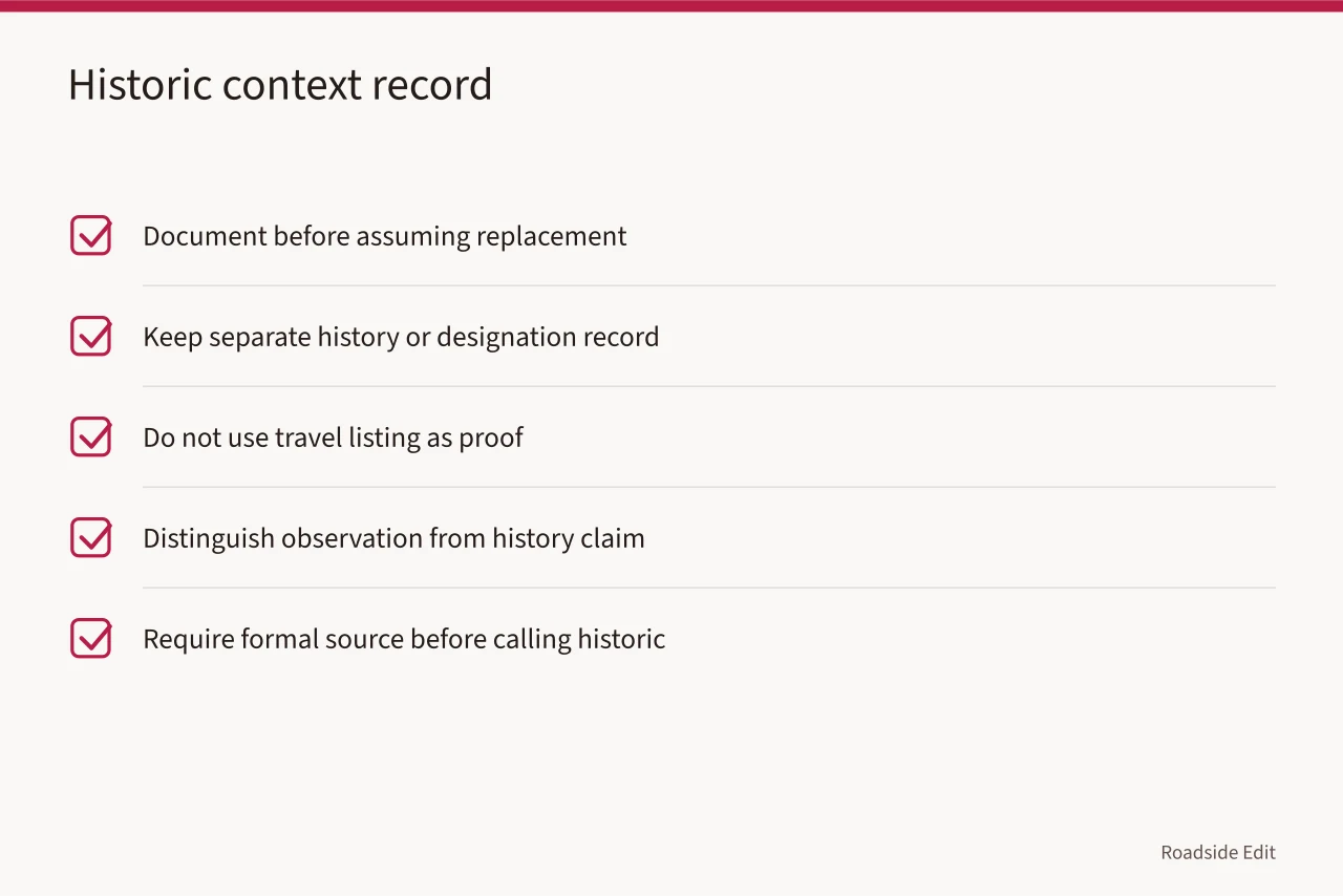 Checklist for protecting historic and community context in roadside planning (Modern roadside design regional adaptation: a 2027 factor comparison for owners by U.S. region)