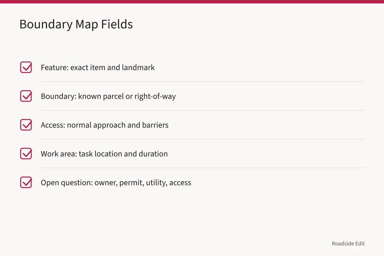 Checklist of boundary map fields: feature, boundary, access, work area, open question (How a modern roadside design safety checklist works before work begins)