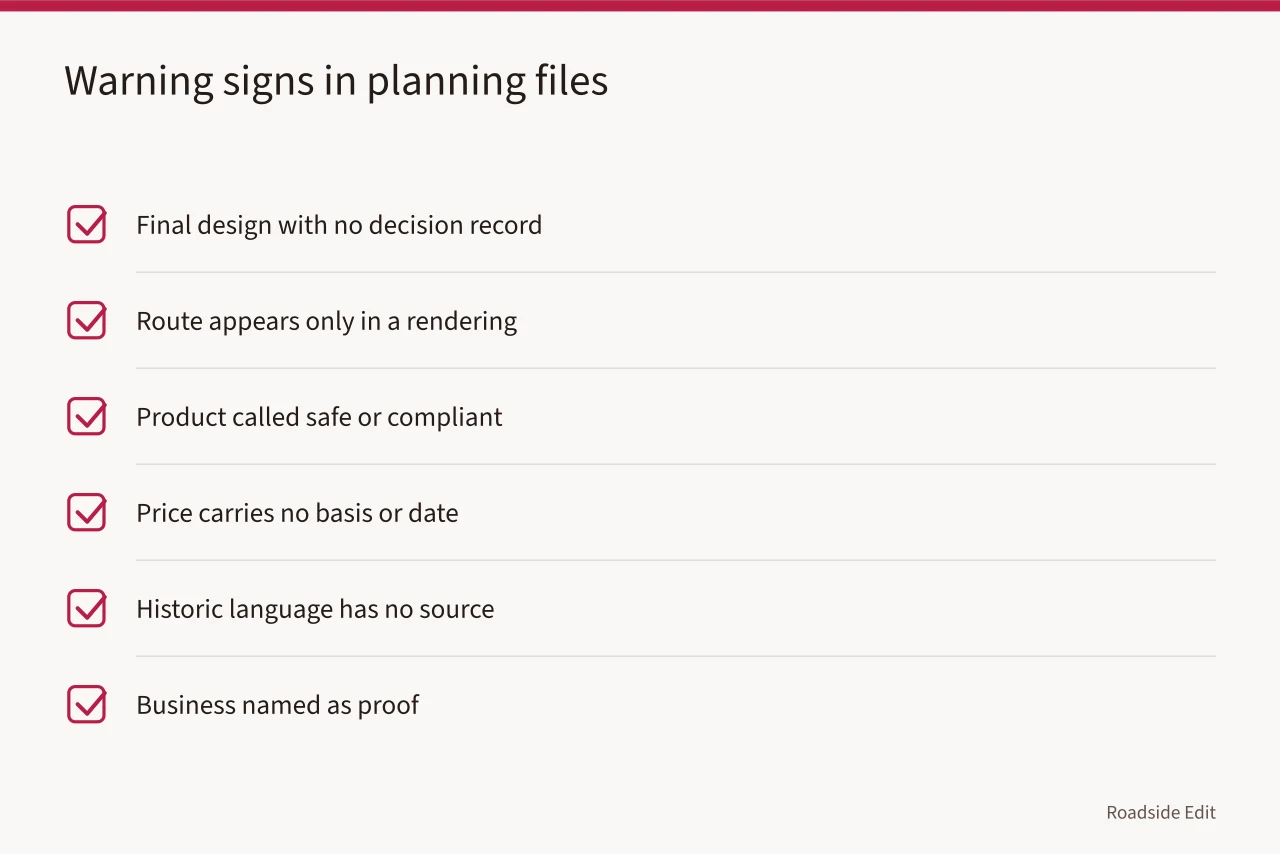 Checklist of six warning signs that a planning claim lacks evidence (How modern roadside planning workflow warning signs catch weak evidence)