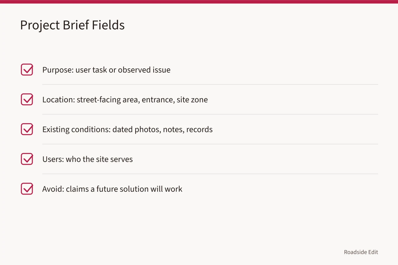 Checklist of project brief fields with useful entries and entries to avoid (How a modern roadside design planning workflow keeps 2027 projects on track)