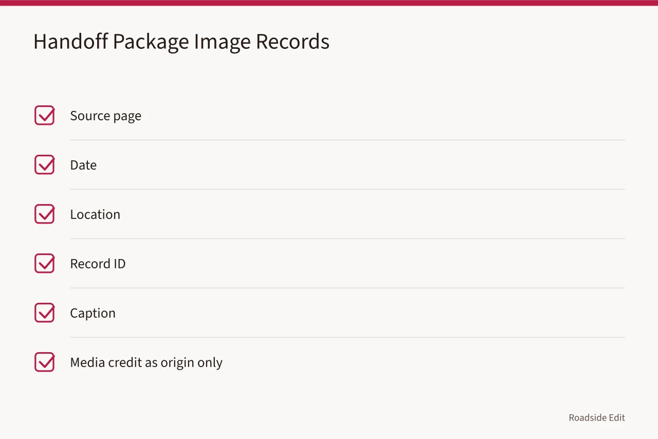 Checklist of identifiers kept with each planning image in the handoff package (How a modern roadside design planning workflow keeps 2027 projects on track)