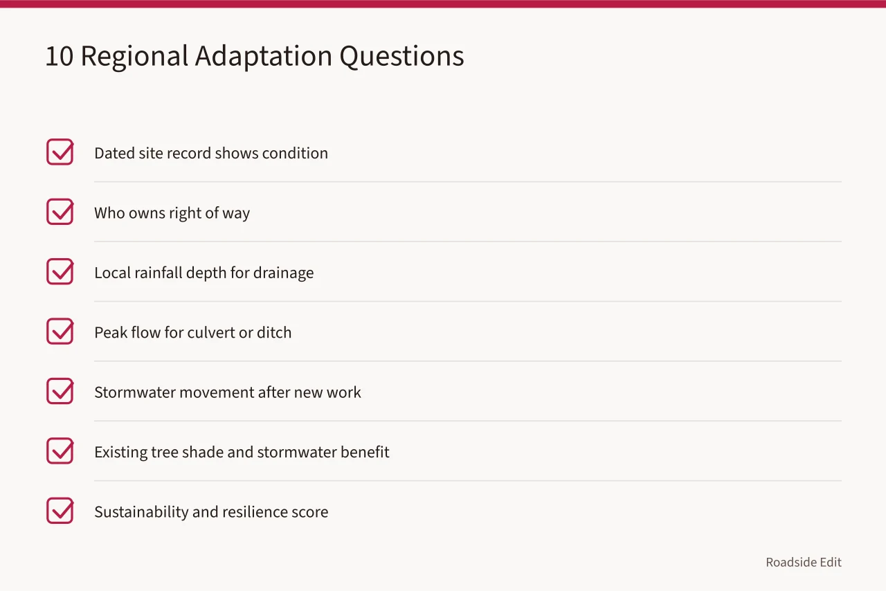 Checklist of ten regional adaptation questions for roadside projects (Modern roadside design: 10 regional adaptation questions to ask before you act)