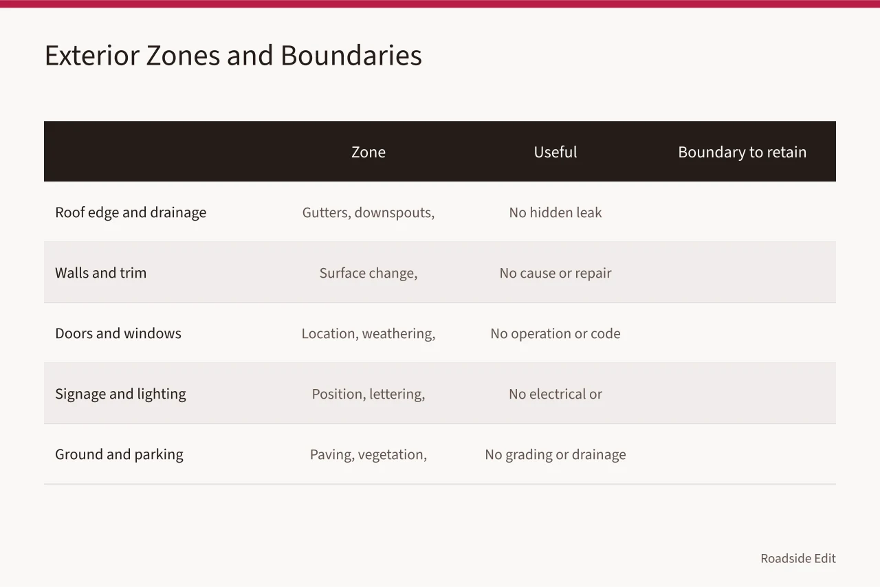 Comparison table of five motel exterior zones, observations, and retained boundaries (Motel exterior basics checklist: how to record what you see in 2027)