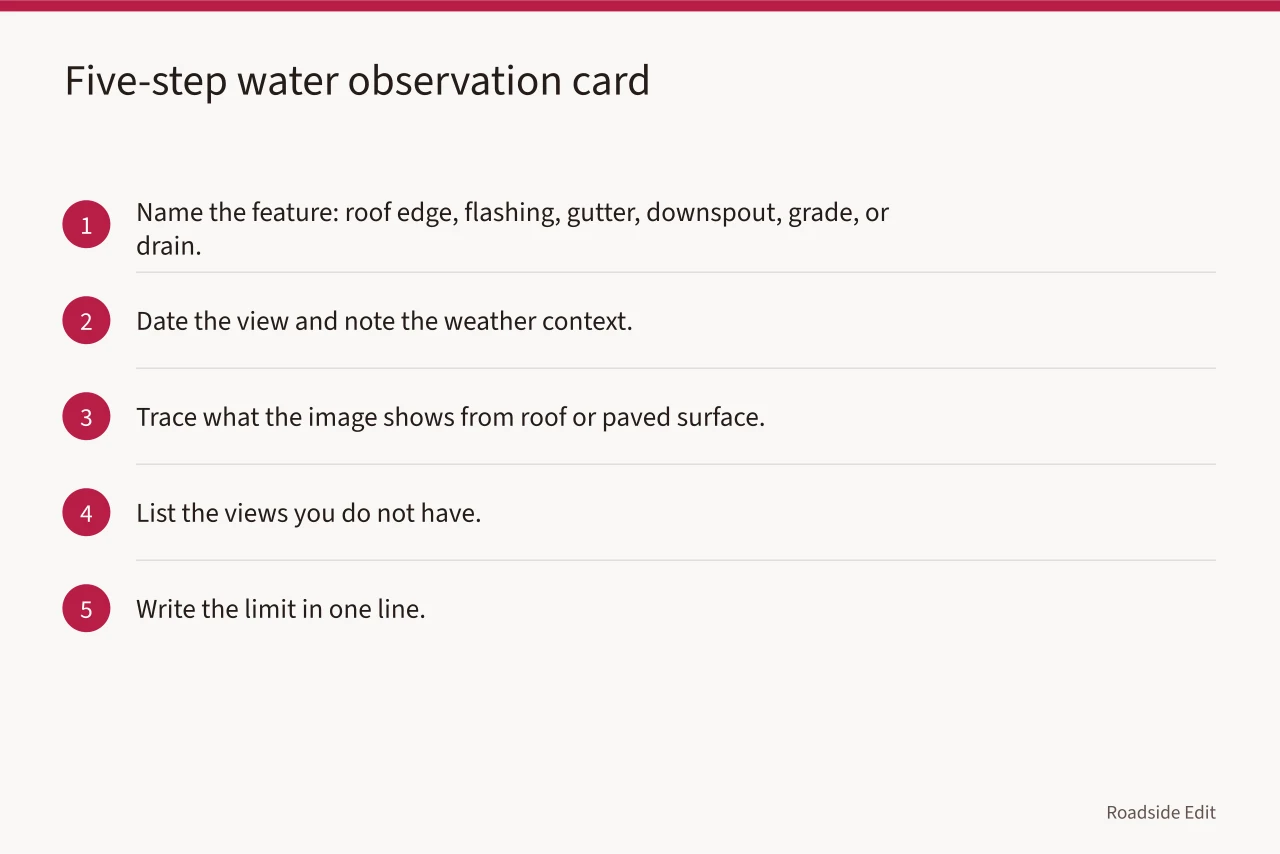 Five-step observation card for recording water-related features in motel exterior photos (Motel exterior fundamentals: comparison questions for a 2027 first record)