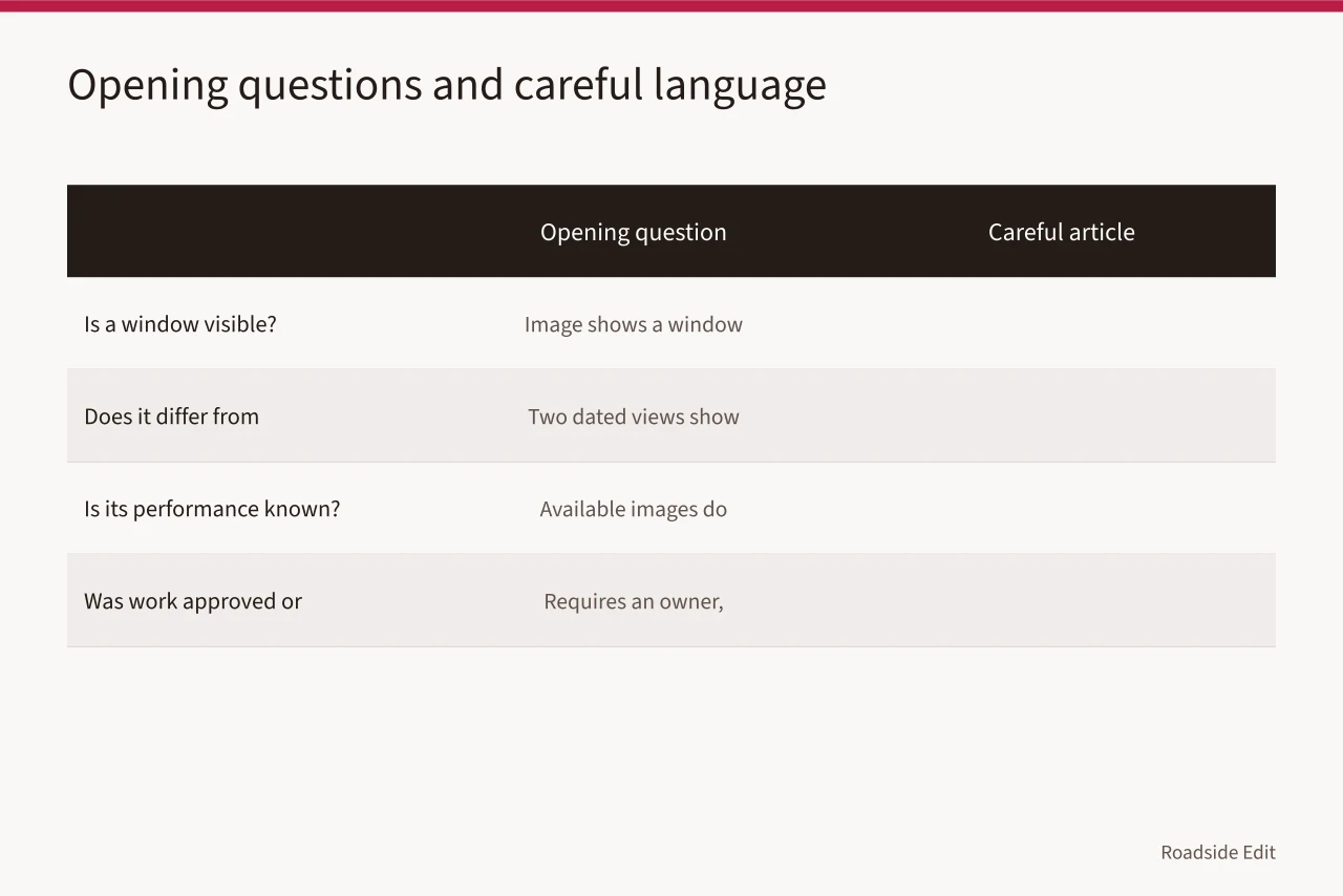 Comparison table pairing opening questions with careful article language about windows and doors (Motel exterior fundamentals: comparison questions for a 2027 first record)