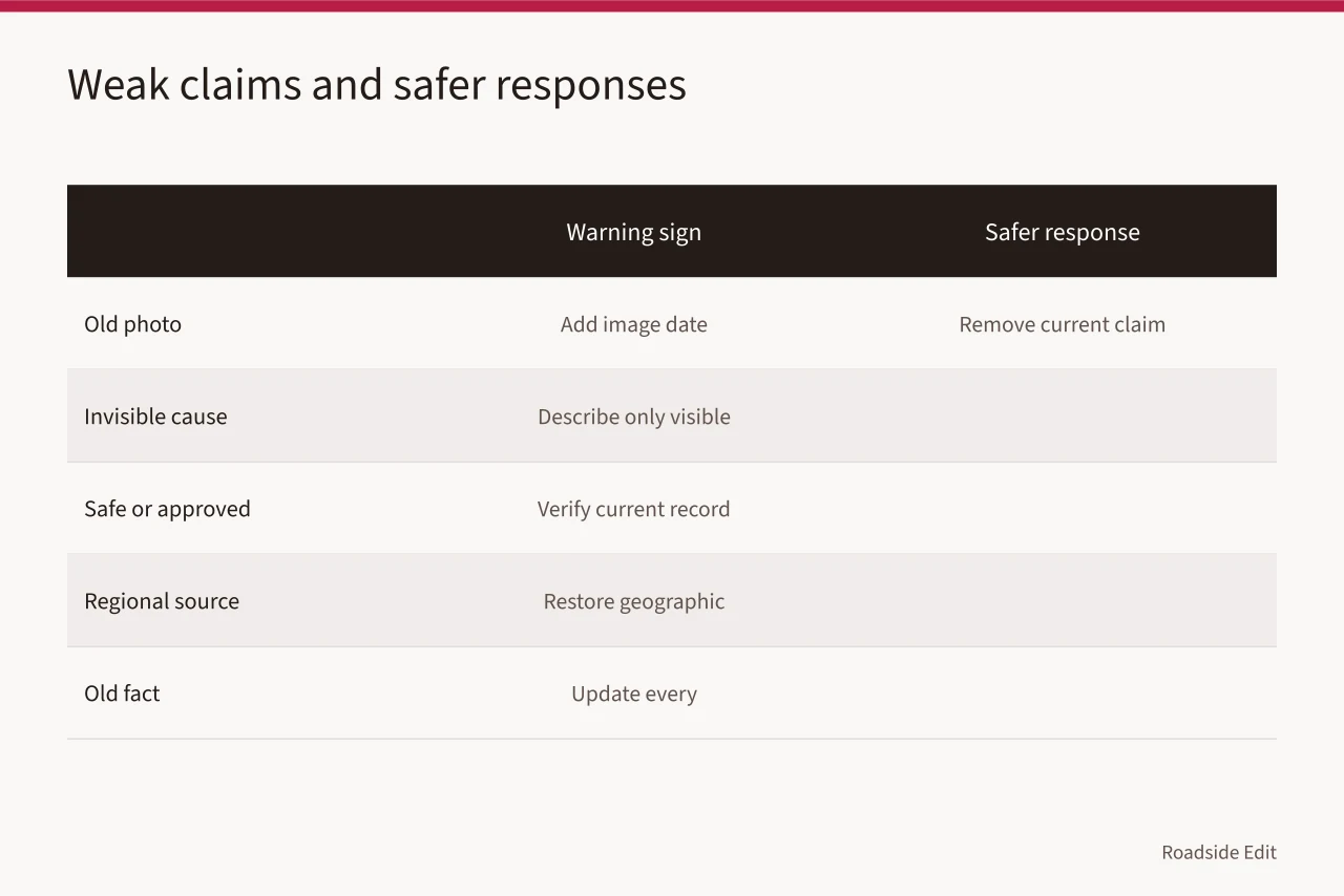 Table comparing weak motel listing claims with safer editorial responses (Motel exterior warning signs: how to spot weak claims in 2027 listings)