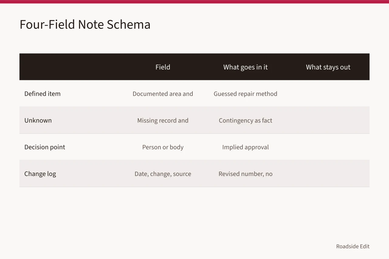 Table comparing what belongs in each of four budget note fields versus what stays out (How to keep motel exterior planning workflow budget notes before pricing)