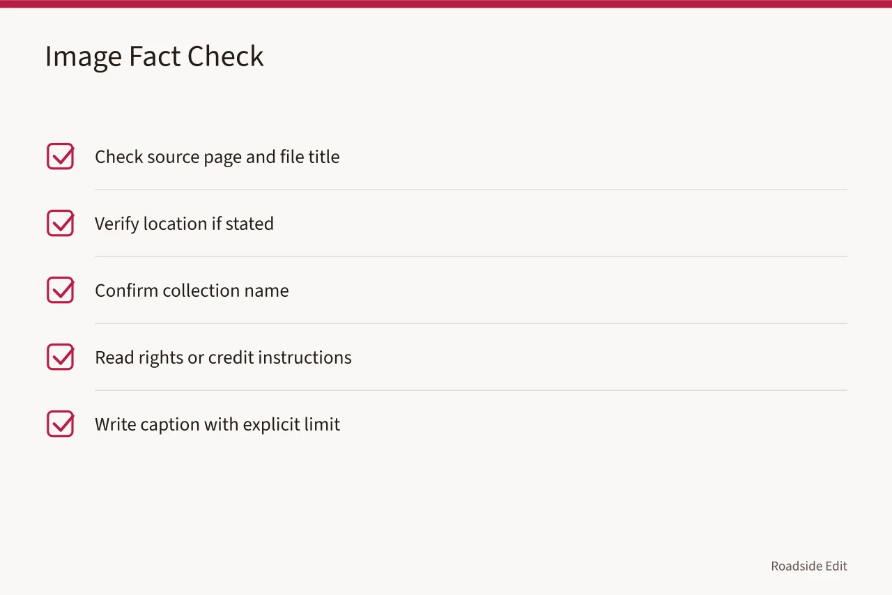 Checklist for verifying an image's source page, title, location, collection, rights, and caption limit (How to run a motel exterior case study method with clear sourcing)