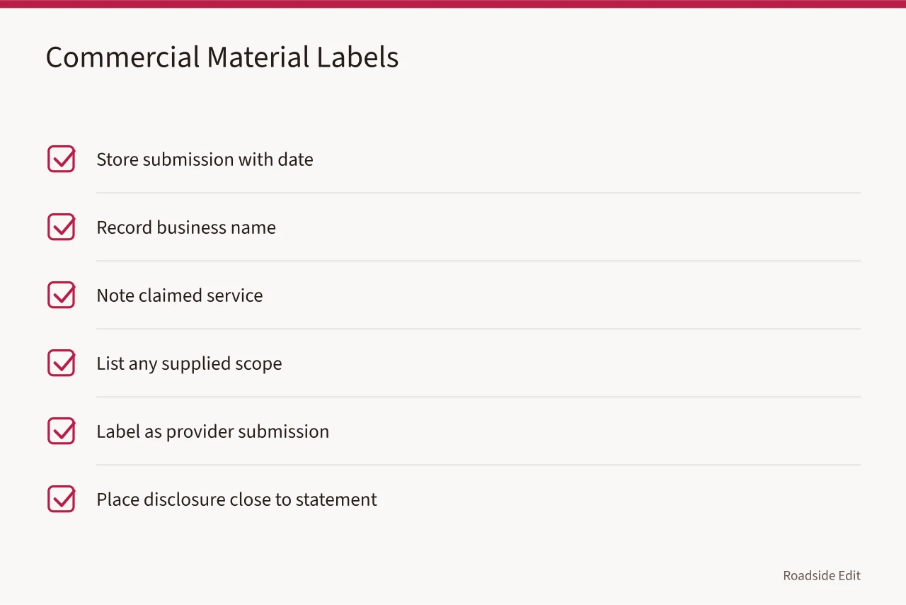 Checklist for storing and labeling commercial provider submissions with dates, names, and disclosures (How to run a motel exterior case study method with clear sourcing)