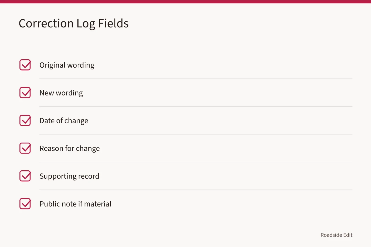 Checklist of fields for a private correction log, from original wording to supporting record (How to run a motel exterior case study method with clear sourcing)