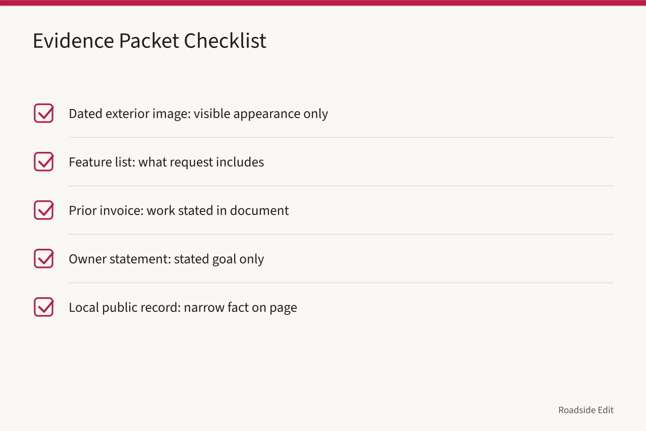 Checklist of evidence items for a motel exterior estimate packet (Motel exterior cost checklist: 2027 line items to budget before you request bids)