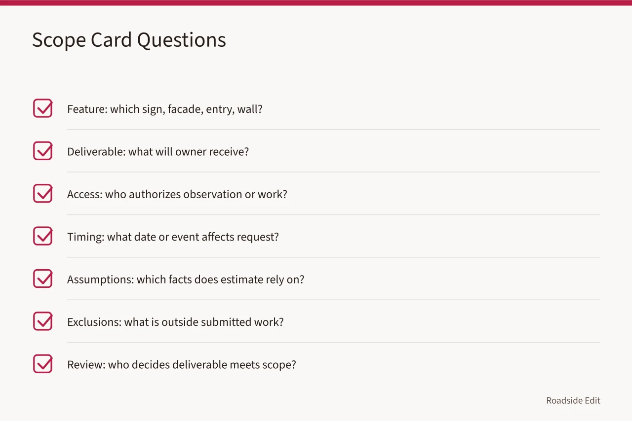 Checklist of scope card questions for motel exterior work (Motel exterior cost checklist: 2027 line items to budget before you request bids)