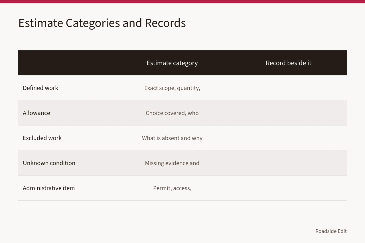 Comparison table of estimate categories and what to record beside each (Motel exterior cost checklist: 2027 line items to budget before you request bids)