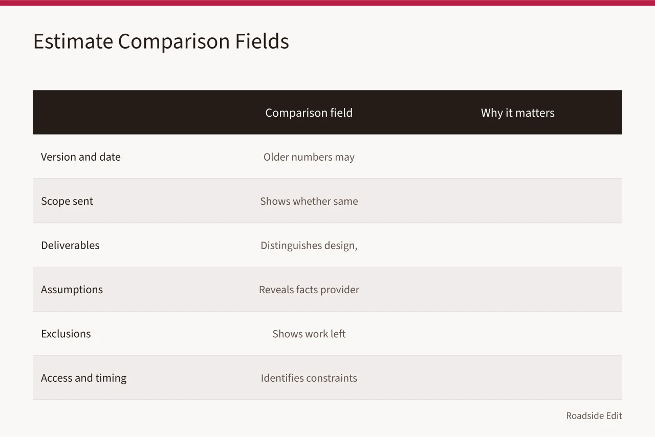 Comparison table of fields for comparing motel exterior estimates line by line (Motel exterior cost checklist: 2027 line items to budget before you request bids)