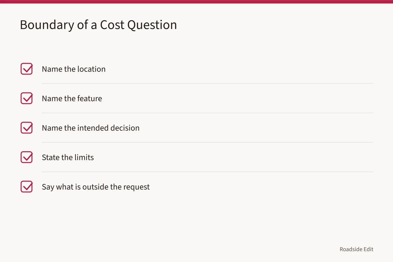 Checklist of six scope card fields with practical questions (Motel exterior cost planning: 7 steps before you ask for a 2027 estimate)