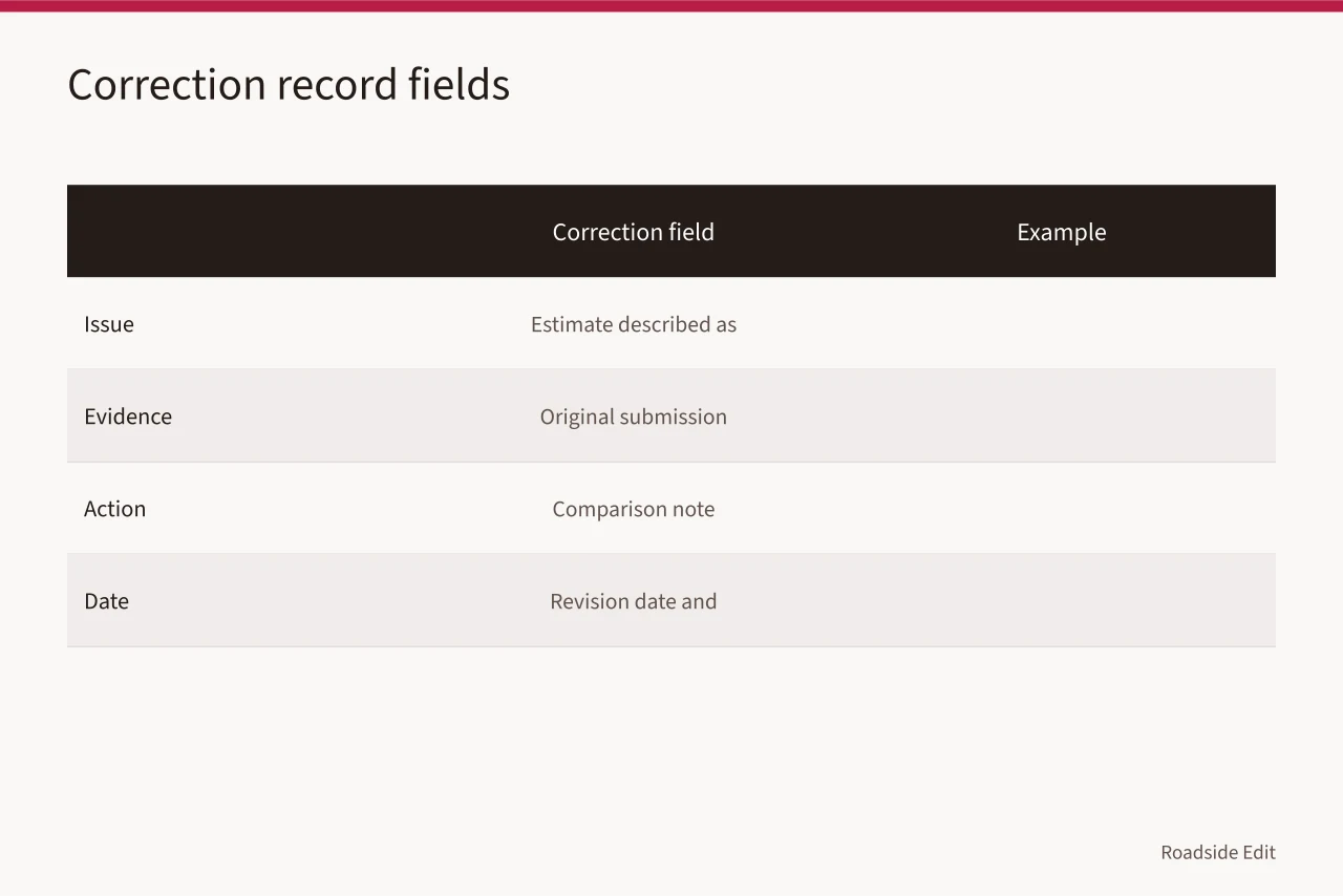 Comparison table of correction fields and example entries (Motel exterior cost records: how to keep estimate versions honest for 2027)
