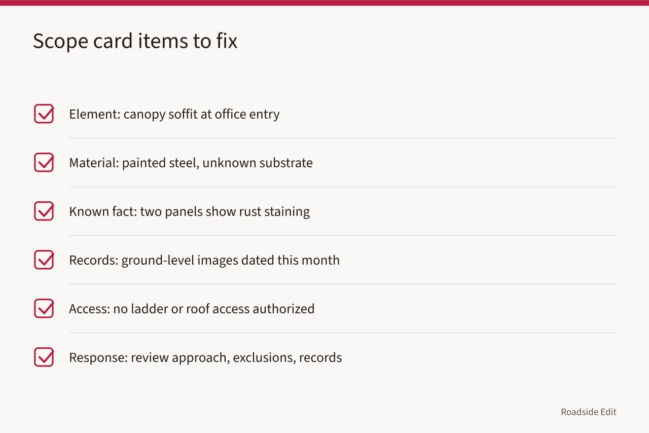 Checklist of six scope-card items with motel canopy soffit examples (Motel exterior hiring checklist: how owners compare providers and document exclusions)