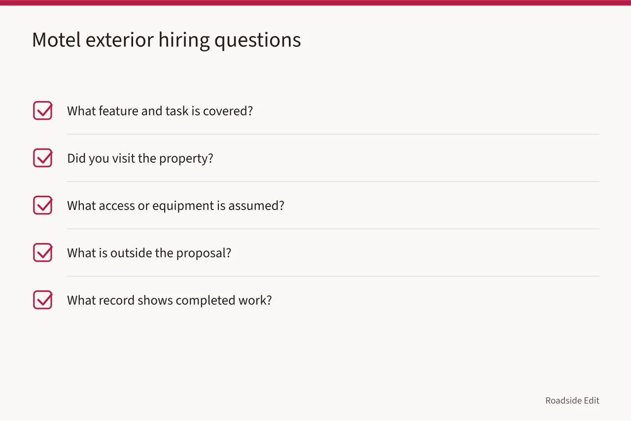 Checklist of five motel exterior hiring questions with reasons (Motel exterior hiring questions to ask before you sign a 2027 contract)