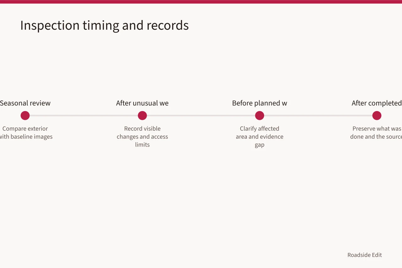 Timeline of seasonal, weather, pre-work, and post-work inspection records (How a 2027 motel exterior maintenance plan keeps records and repairs on track)