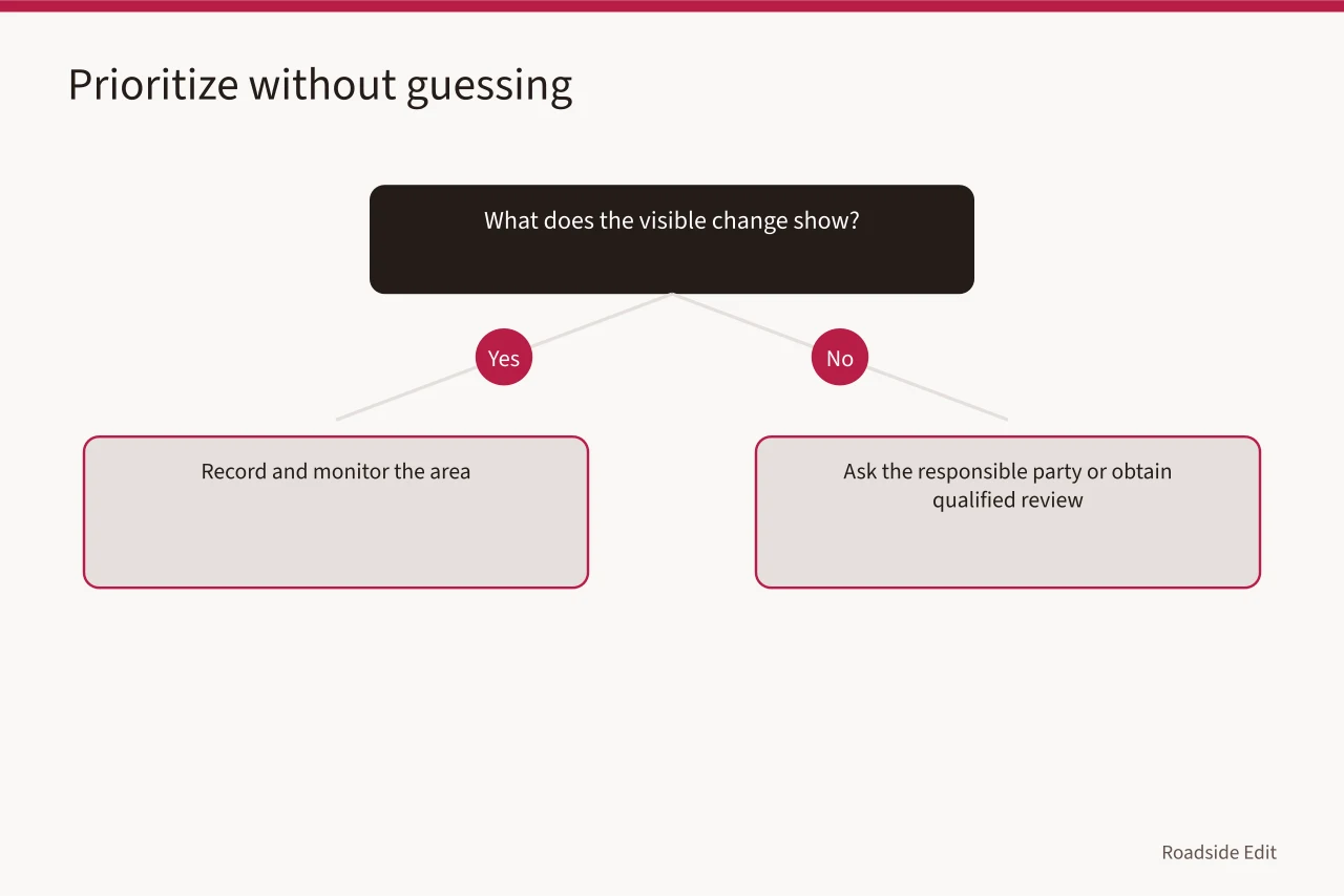 Decision flow for recording, monitoring, asking, or obtaining qualified review (How a 2027 motel exterior maintenance plan keeps records and repairs on track)