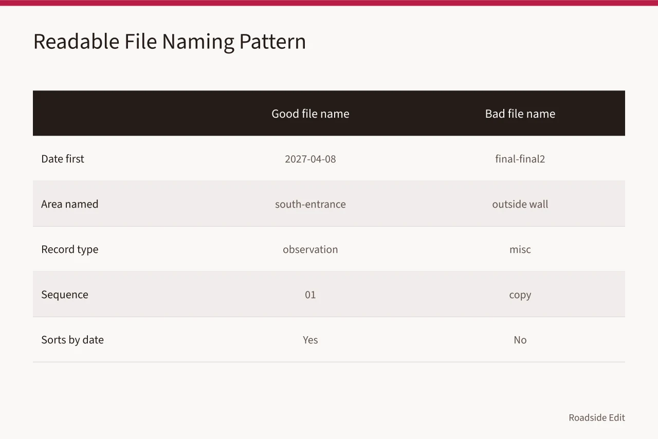 Comparison of a readable dated file name against a vague one (How to keep motel exterior maintenance records that hold up all year)