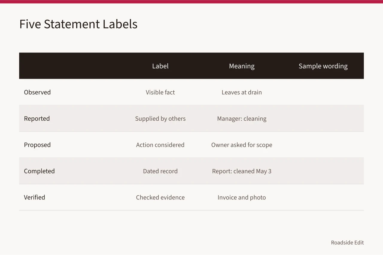 Table of five record labels with meanings and sample wording (How to keep motel exterior maintenance records that hold up all year)