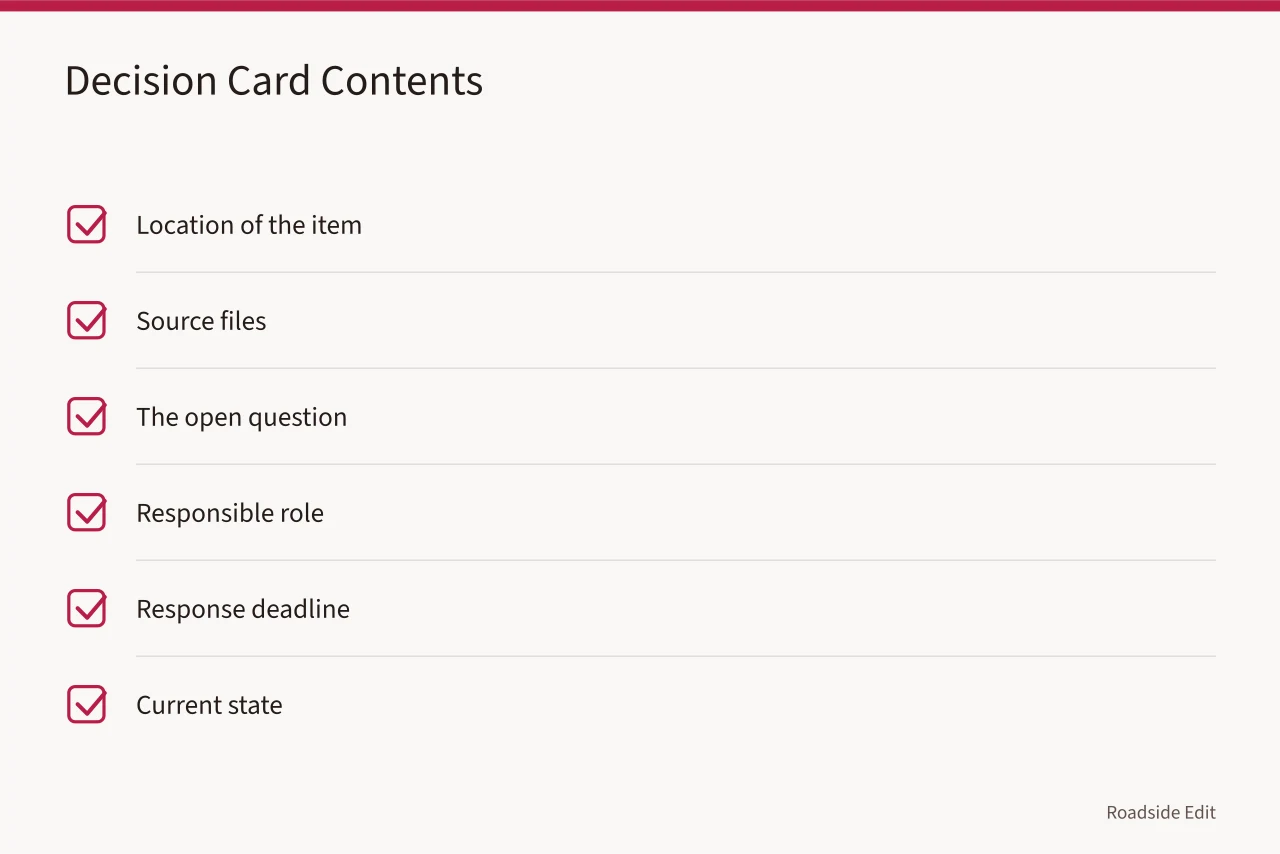 Checklist of the six fields on a decision card (How to keep motel exterior maintenance records that hold up all year)