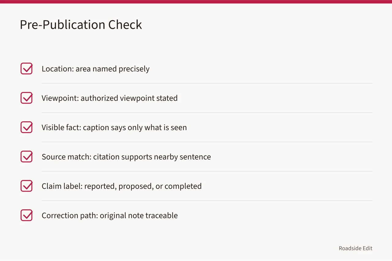Checklist of six pre-publication checks with pass conditions (Motel exterior mistakes checklist: 7 errors to catch before you publish)