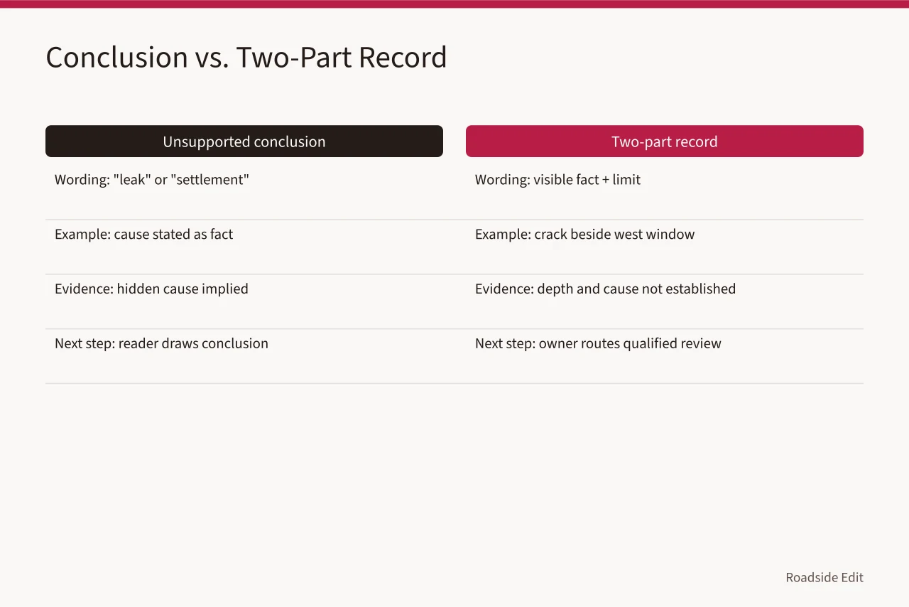 Comparison of unsupported conclusion wording versus a two-part visible-fact record (Motel exterior mistakes checklist: 7 errors to catch before you publish)