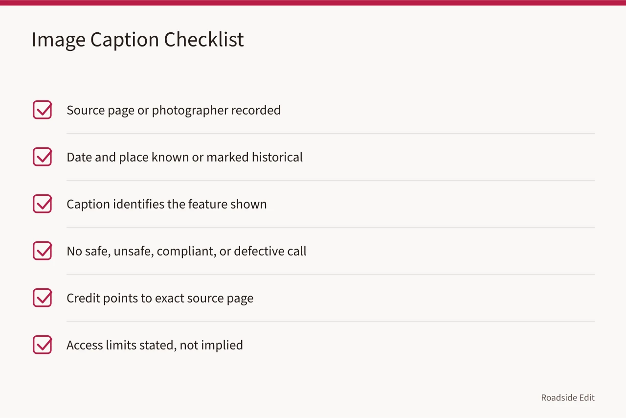 Checklist for recording image source, date, feature, and access limits (Motel exterior mistakes checklist: 7 errors to catch before you publish)