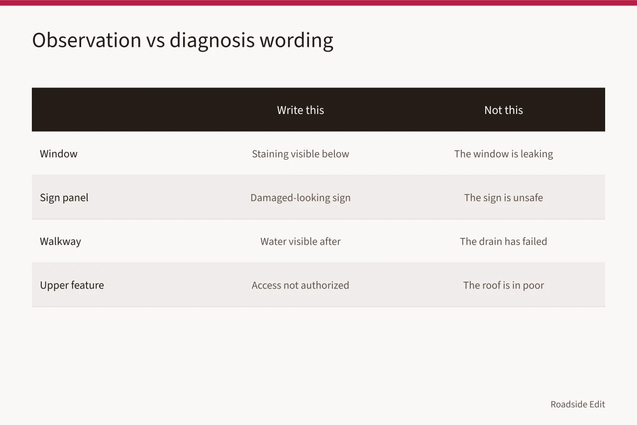 Comparison table of observable notes versus unsupported diagnosis wording (Motel exterior mistake prevention: 8 errors to avoid in 2027)