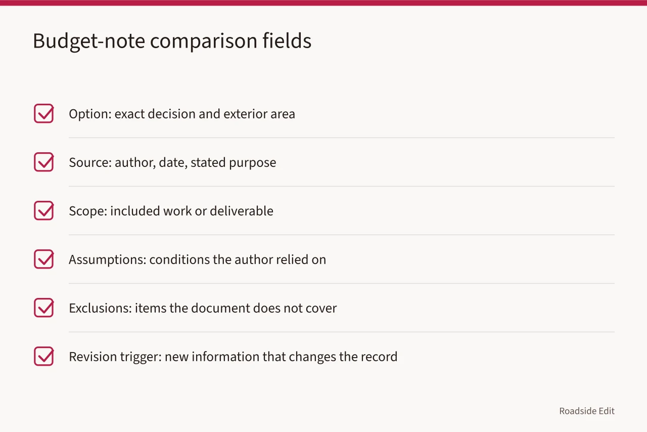 Checklist of six budget-note comparison fields for motel exterior options (Motel exterior options comparison: how to read budget notes before you treat a figure as a quote)