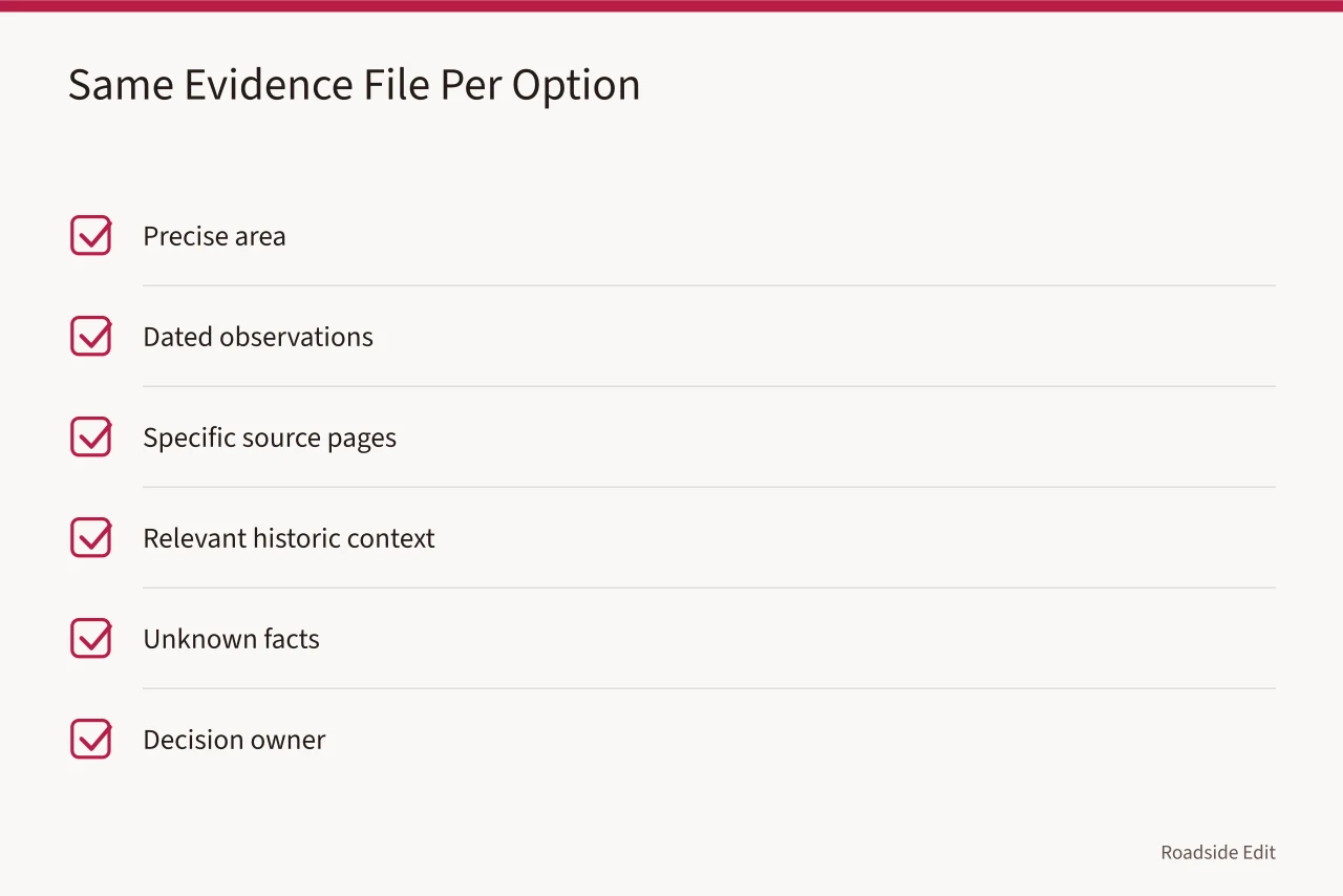 Checklist of evidence fields kept identical for every motel exterior option (How to compare motel exterior options for 2027 without a score)