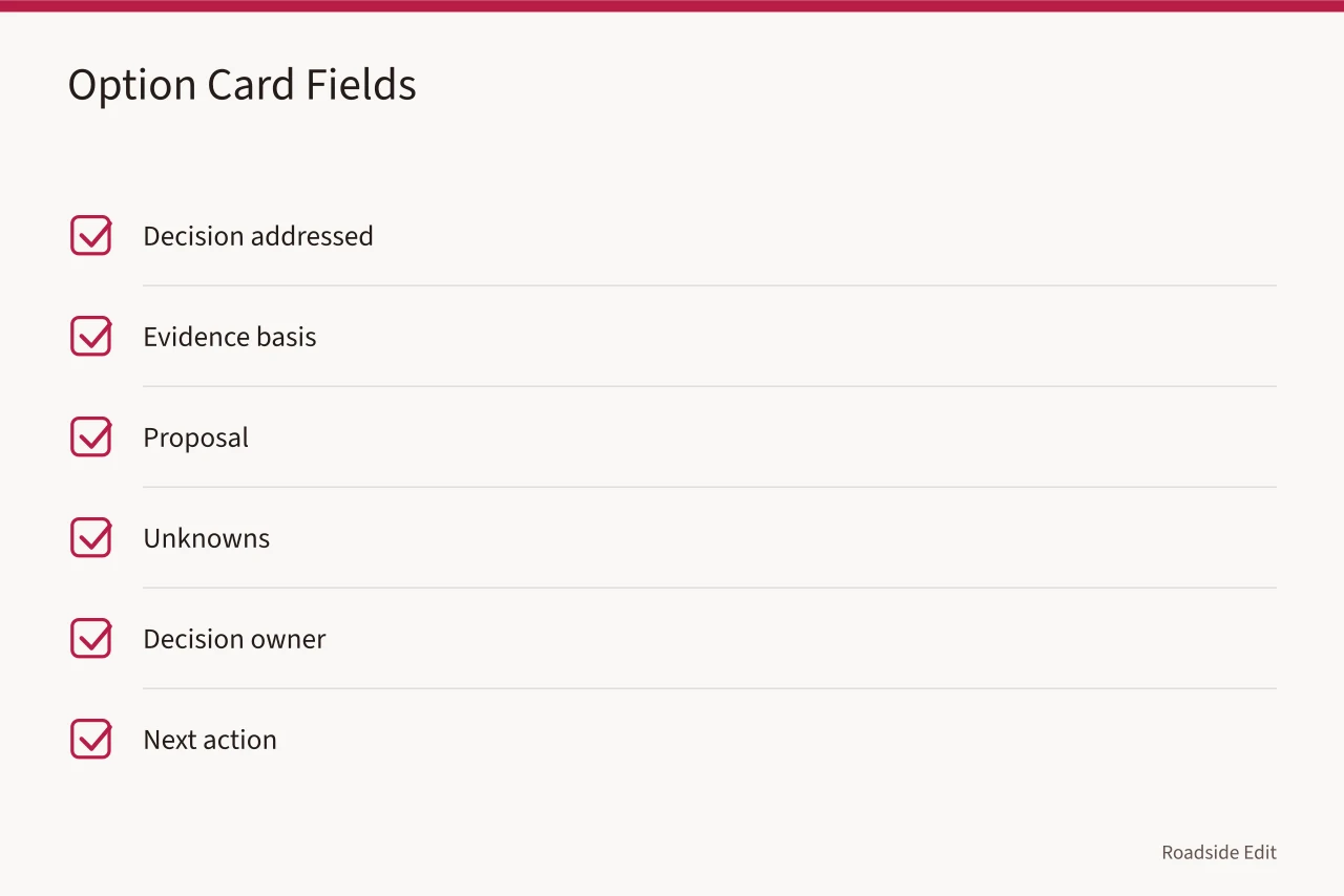 Option card fields for keeping motel exterior concepts on equal footing (How to compare motel exterior options for 2027 without a score)