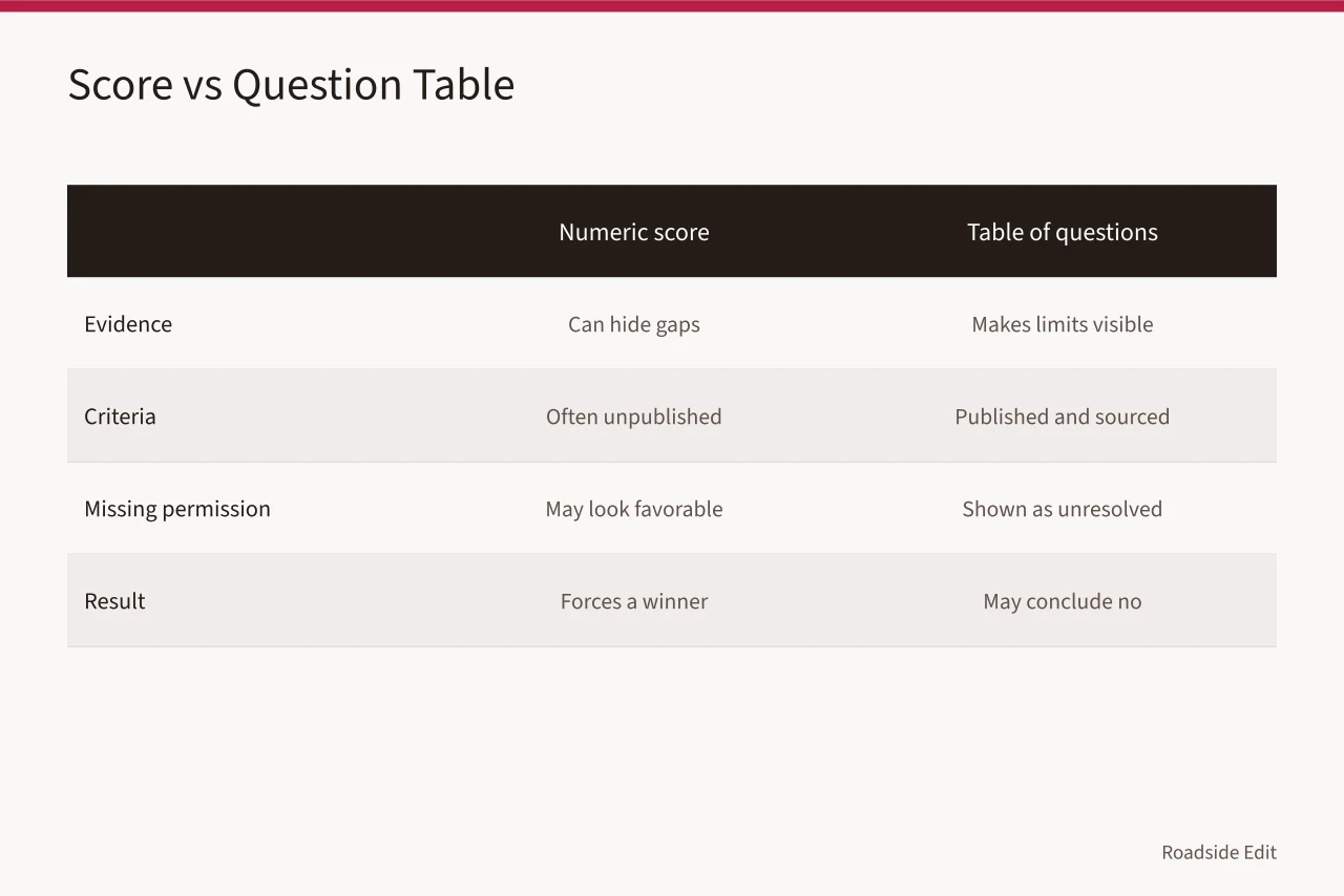 Comparison of numeric scoring versus a table of questions for early options (How to compare motel exterior options for 2027 without a score)