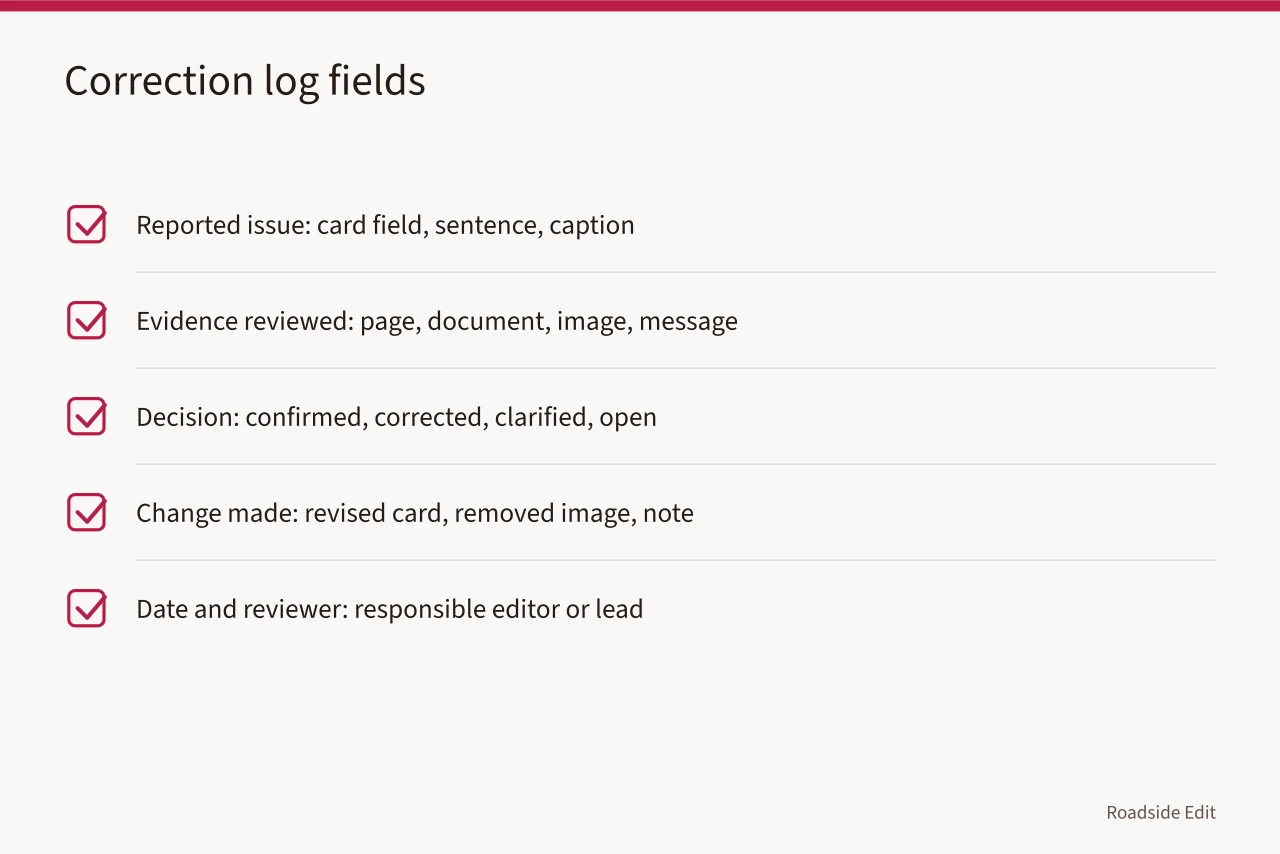 Checklist of five correction log fields for motel exterior options articles (How to keep motel exterior options records clear before a 2027 decision)