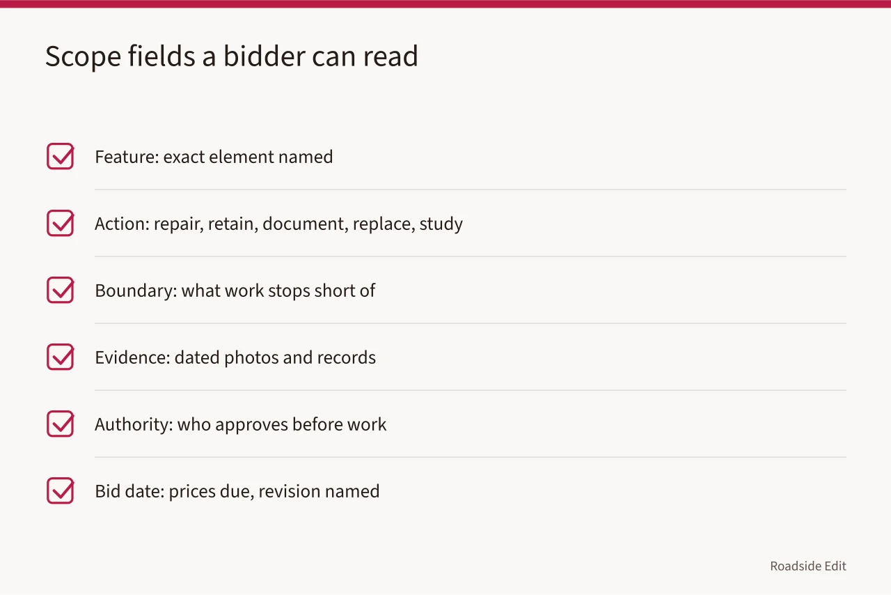 Checklist of six scope fields for a motel exterior bid package (How to build a motel exterior planning checklist before you pick contractors)