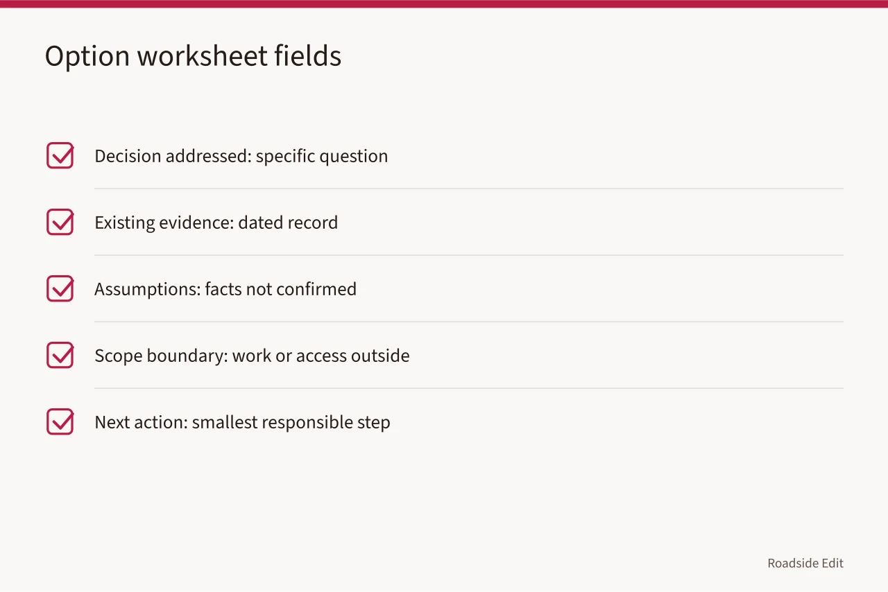 Table of assumptions, questions to ask, and responsible next sources (Motel exterior planning questions: how to compare workflow options before work begins)