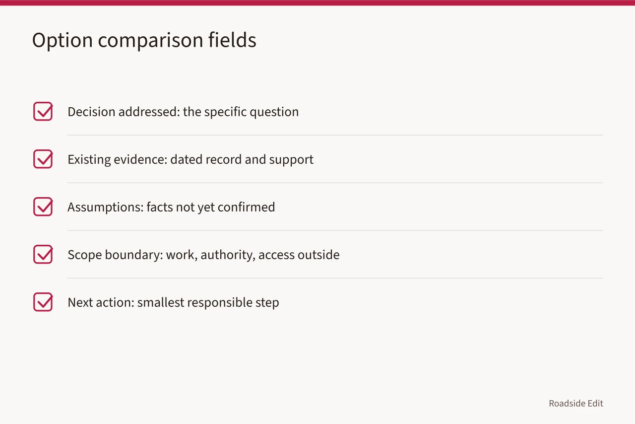 Checklist of five worksheet fields for comparing planning options (Motel exterior planning questions: how to compare workflow options before work begins)
