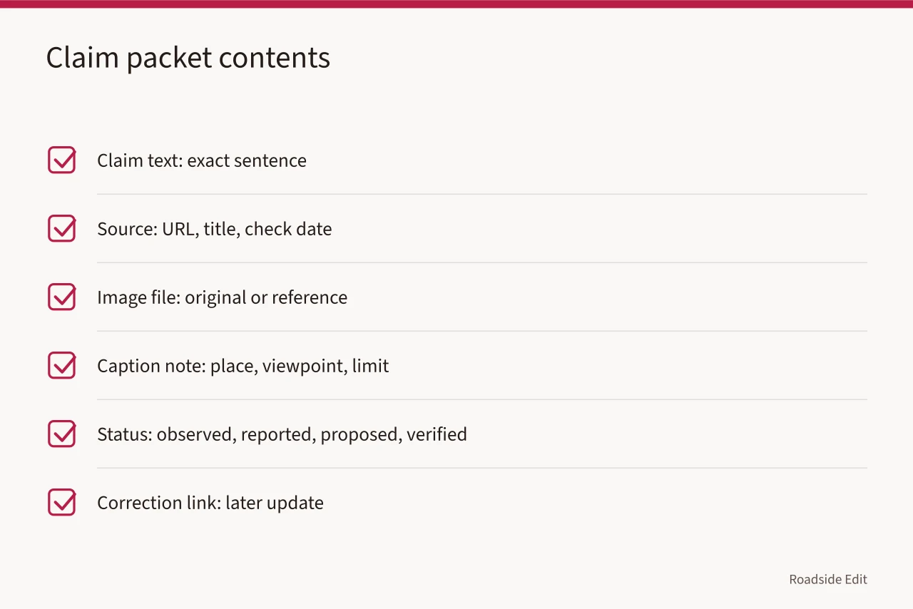 Checklist of six claim packet items from claim text to correction link (How to keep motel exterior mistakes records that survive scrutiny)