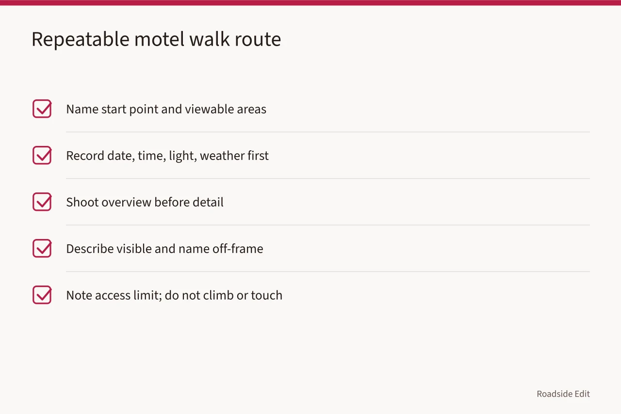 Five-step checklist for a repeatable motel exterior walking route (Motel exterior regional checklist: how to document climate sources before 2027)