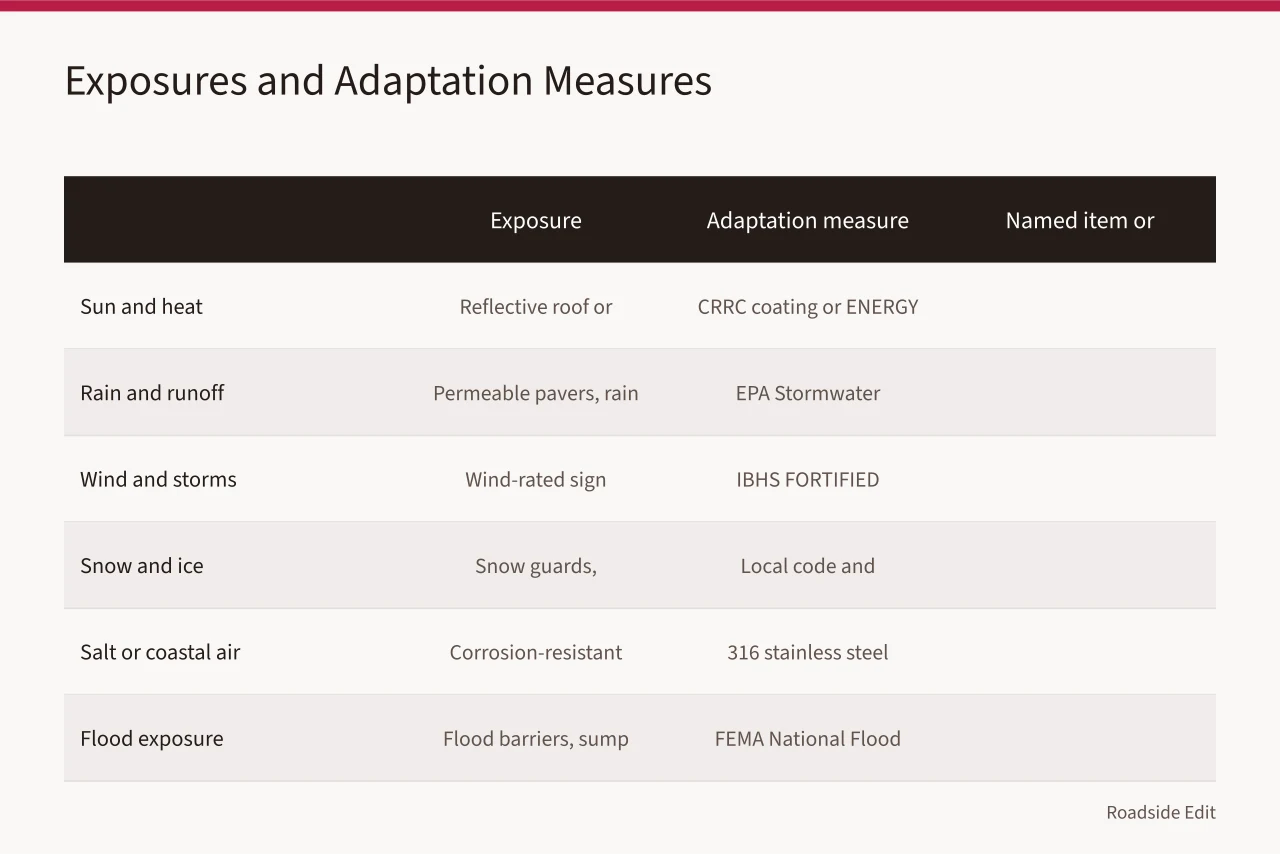 Table pairing six exterior exposures with adaptation measures and named standards (How to plan motel exterior regional adaptation for 2027 with local climate evidence)